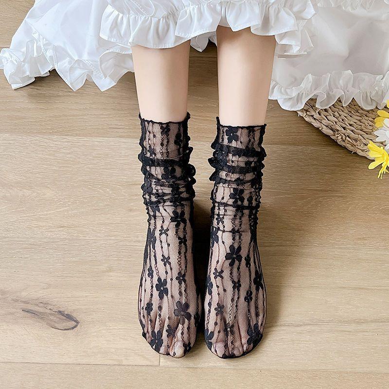 Womens Sheer Lace Ankle Socks With Floral Sweet Lolita Style Mesh Mid-Calf Stockings