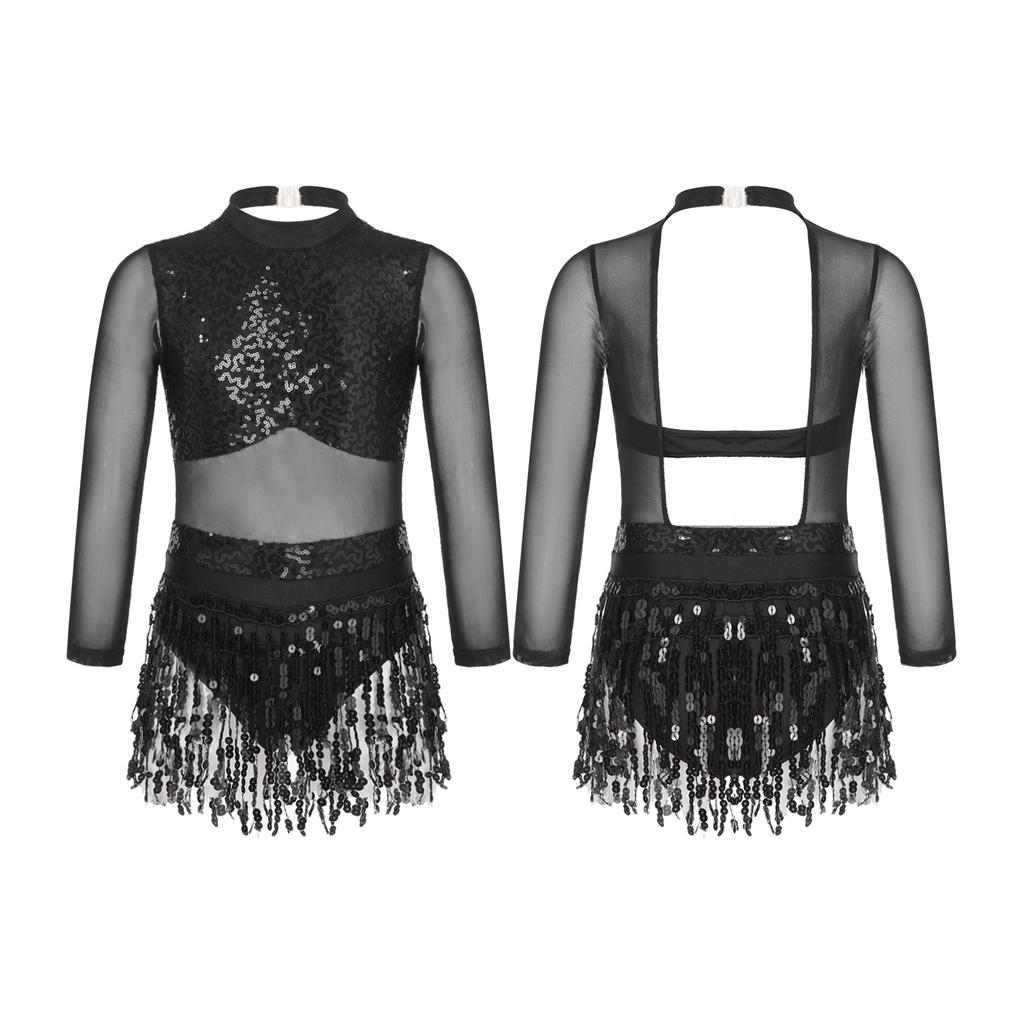 Robe de Danse Filles Paillettes Brillantes Ourlet à Franges Style Patchwork Maillots de Bain Tenues de Danse Vêtements de Scène