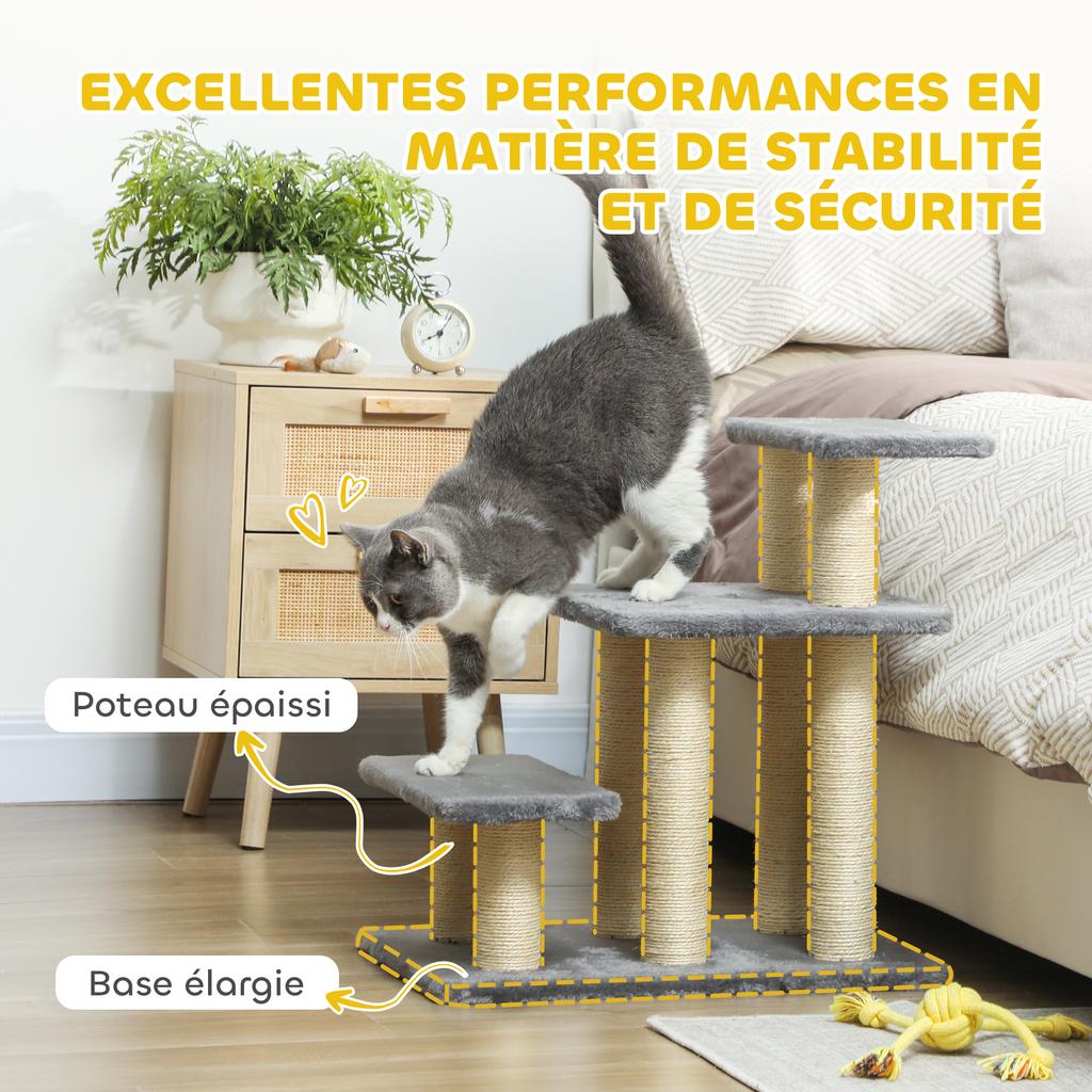 Pet Stairs, Adjustable 3-Step, Cat and Dog Ladder, Sisal Post, Ball, 52 x 34.5 x 54 cm, Grey