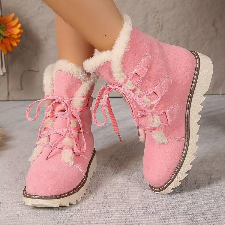 Women's Large Size Lace-up Fur Mouth Thick Sole Soft Sole Winter Warm Fur Snow Boots Padded Lined Ankle Boots Non-Slip Hiking Sports Cotton Boots