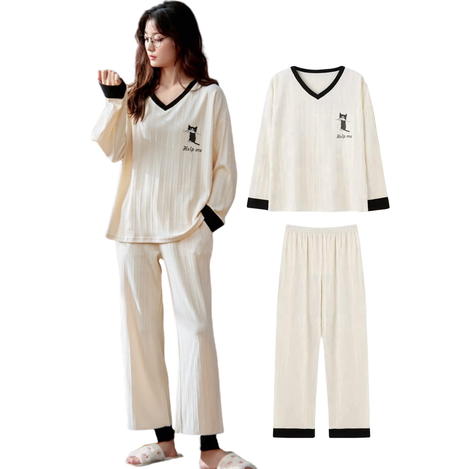 

Tiernyueth Пижама с круглым вырезом и длинными рукавами, легкая однотонная, мягкая на ощупь, свободного кроя, с эластичной резинкой, ленивый зимний женский комплект, тиснение, бежевый