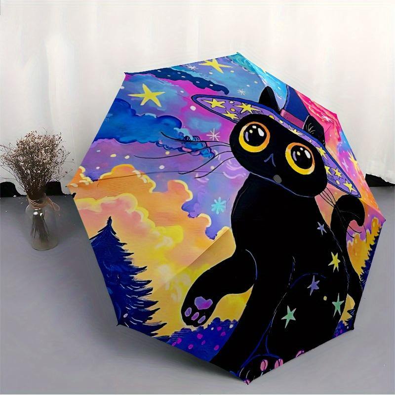 1pc Witch Cat Automatic Open/close Umbrella, 8-Rib sturdy structure, Portable Travel Umbrella, Parties, Everyday Use, Outdoor Accessory, Art