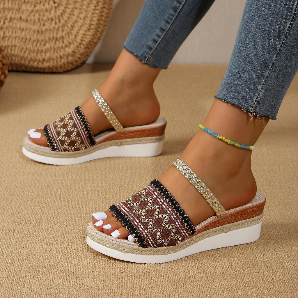 Summer new large size wedge heel thick sole wide strip slippers shoes wedge heel thick sole casual slippers