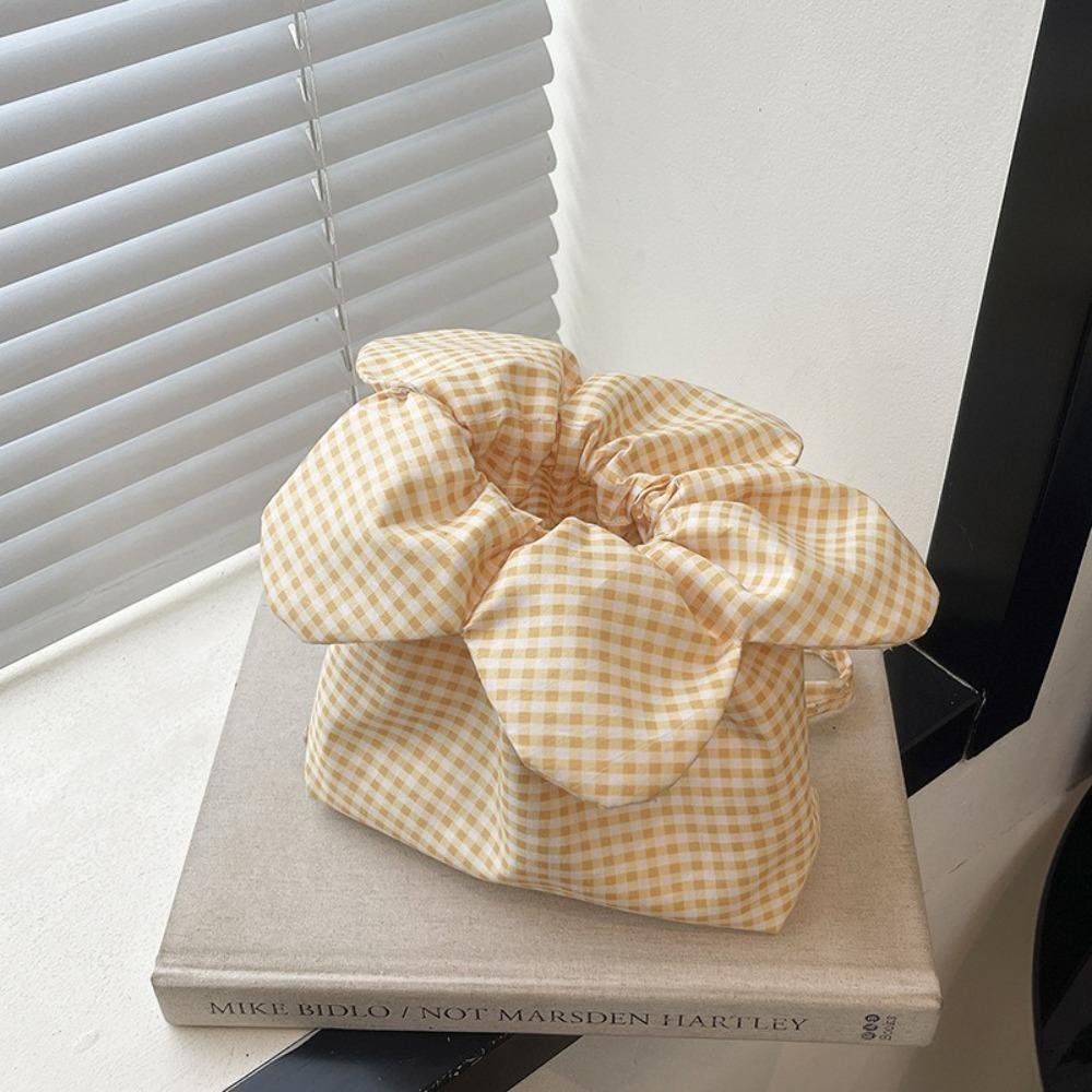 Canvas Flower Handbag Korean Style Small Crossbody Bag Cute Plaid Drawstring Bag Student