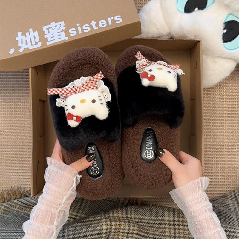 Fleece Warm Fluffy Slippers One-word Drag Internet Celebrity Fashion Cartoon Hello Kitty Cotton Slippers Women's 2025 Autumn and Winter New