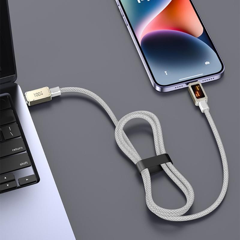 Heavy Duty Aluminum Alloy USB C Cable Wire PD100W Fast Charge And Data Transfer With Dynamic Colorful LED Light Effects