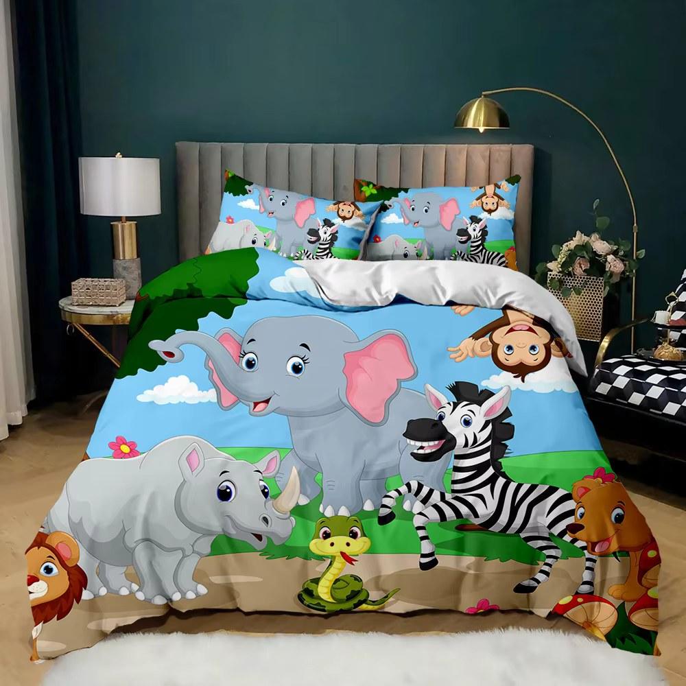 Funny Cartoon Animal Duvet Cover Safari Animal Comforter Cover Zoo Theme Jungle Bedding Set Giraffe Snake Hippo Bedspreads Cover