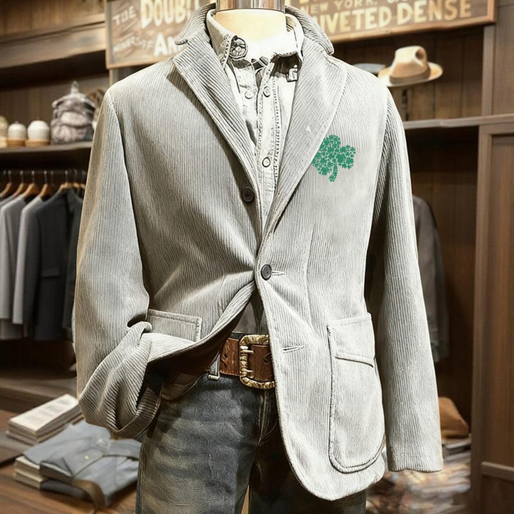 Herren Bedruckter Kord Samt Taschen Anzug Jacke Cardigan Herren Freizeitanzug