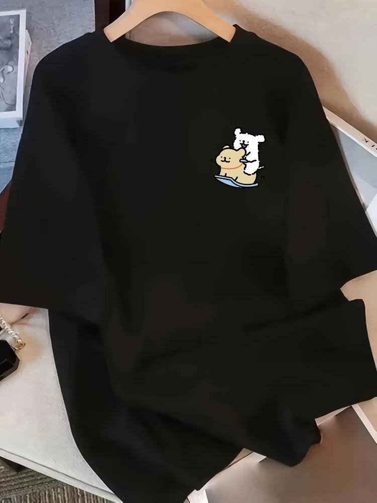 Womens Casual Cotton ShortSleeve TShirt Cute Cartoon Dog with Geometric Patterns Round Neck Top Loose and Comfortable Style