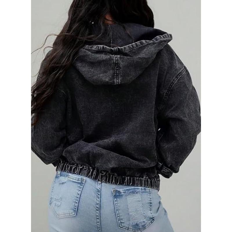 Womens Vintage Washed Distressed Denim Hooded Short Loose Jacket Casual Outerwear