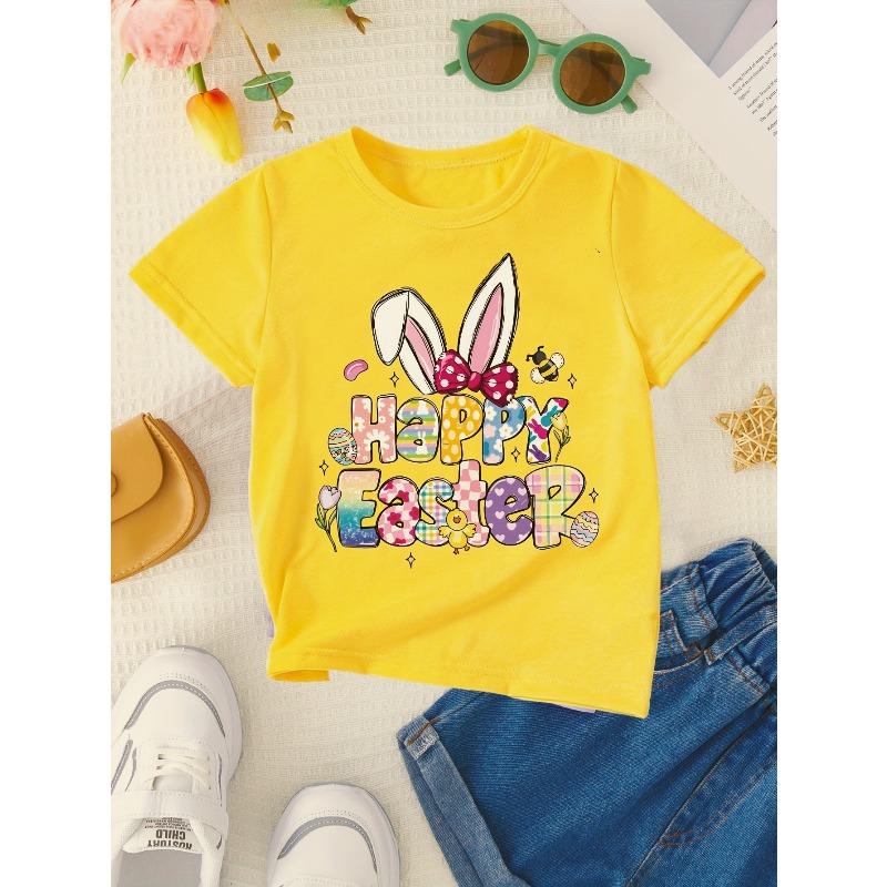 

European sizes Easter TX0867 Girl Happy Easter Bunny Ear Print Creative Casual Round Neck T-Shirt Easter Gift for Girls 98cm жёлтый