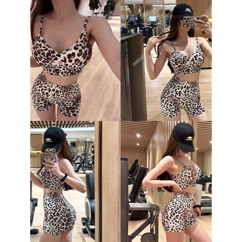 European and American Sexy Fitness Set for Women, Shockproof Sports Bra, Leopard Print, Stunning Pilates Yoga Outfit, Spring