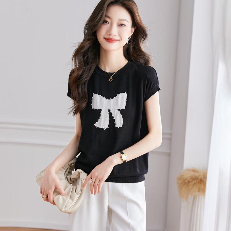 Srcr Women s Beaded Mulberry Silk Blend Knit Short-Sleeved Top XL