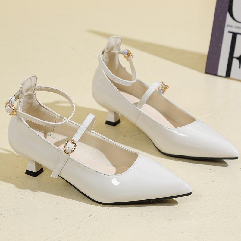 Fashion Spring New Thin Heel Shoes Women's Fashion Pointed Head Shallow Mouth Metal Buckle A Line with Non-slip Low Heel Shoes