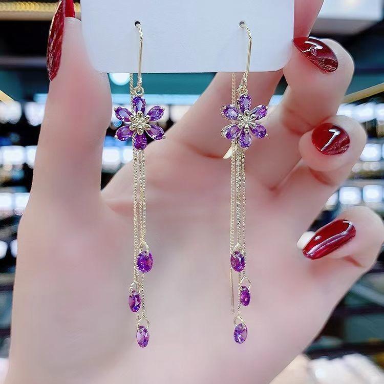 1 Pair New Purple High-end Flower Earrings, New Trendy Temperament Long Earrings, Niche Fringed Ear Line