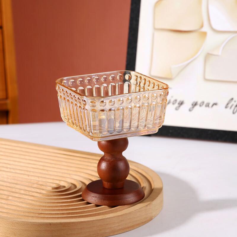 French Vintage Style Dessert Glass with Wooden Base