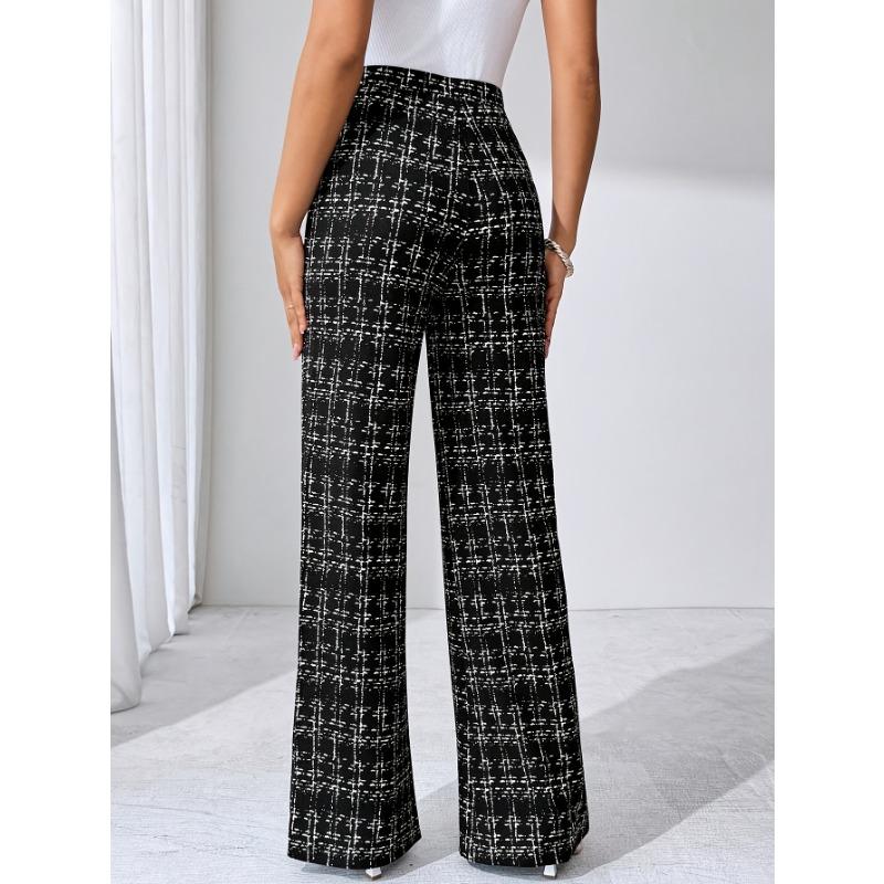 [Stretchy Flare Pants] High-Waisted Stretchy Women's Black and White Plaid Flare Pants | Casual Pants for Spring/Summer/Fall | Glossy Finish Pant