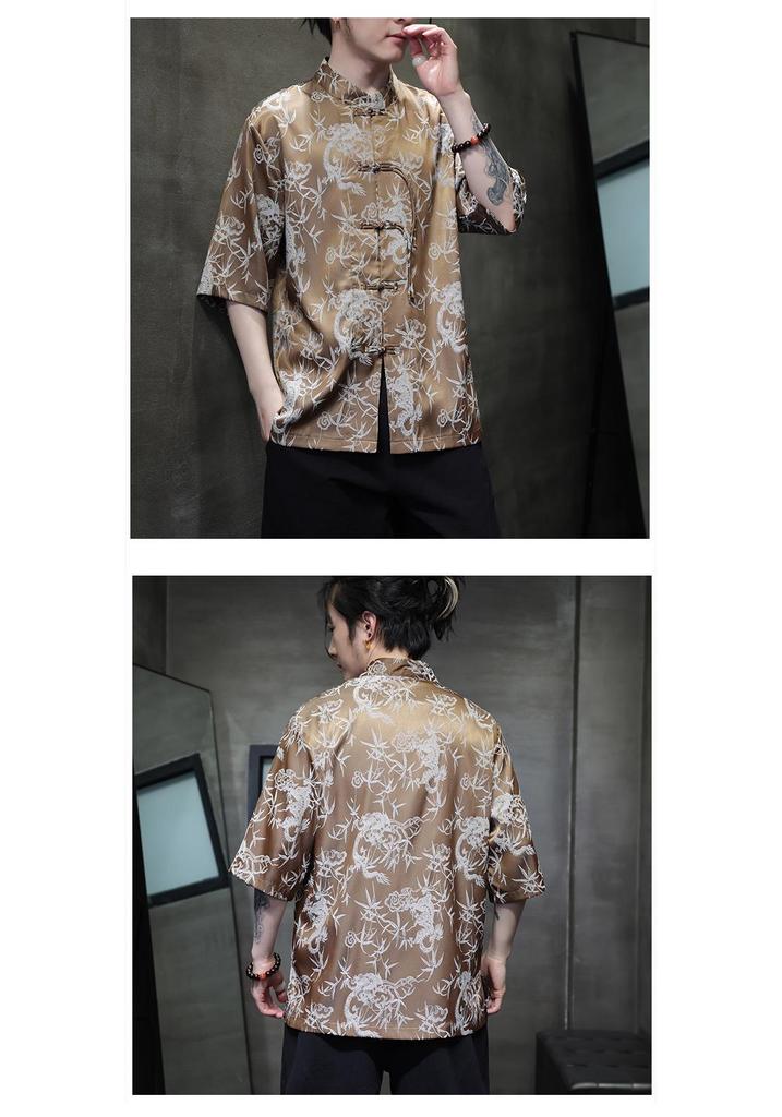 2024 Men's Chinese Style Jacquard Frog Button Tang Suit Shirt, Plus Size, Summer Casual