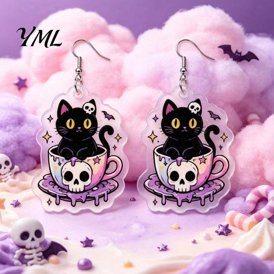 Lightweight Daily Wear Earrings 1 Pair Halloween for Women, 2D Acrylic Teacup Black Cat Women Dangle Drop Earrings, Gothic Cartoon Jewelry Party,