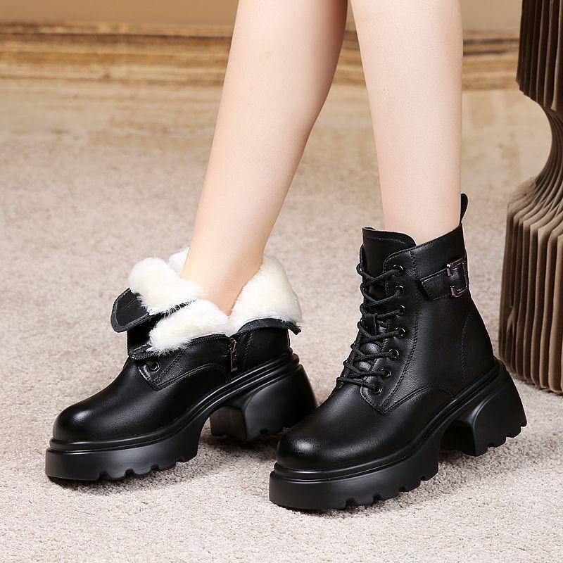 Women's Winter Leather Snow Boots, Thick Sole, Fleece-Lined, Warm Cotton Martin Ankle Boots