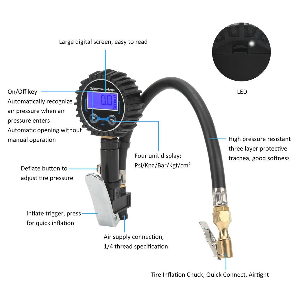Tire Pressure Gauge Automatic Off Easy Read Universal 4 Pressure Units Digital Tire Inflator for Motorcycle Car Van Truck Bus