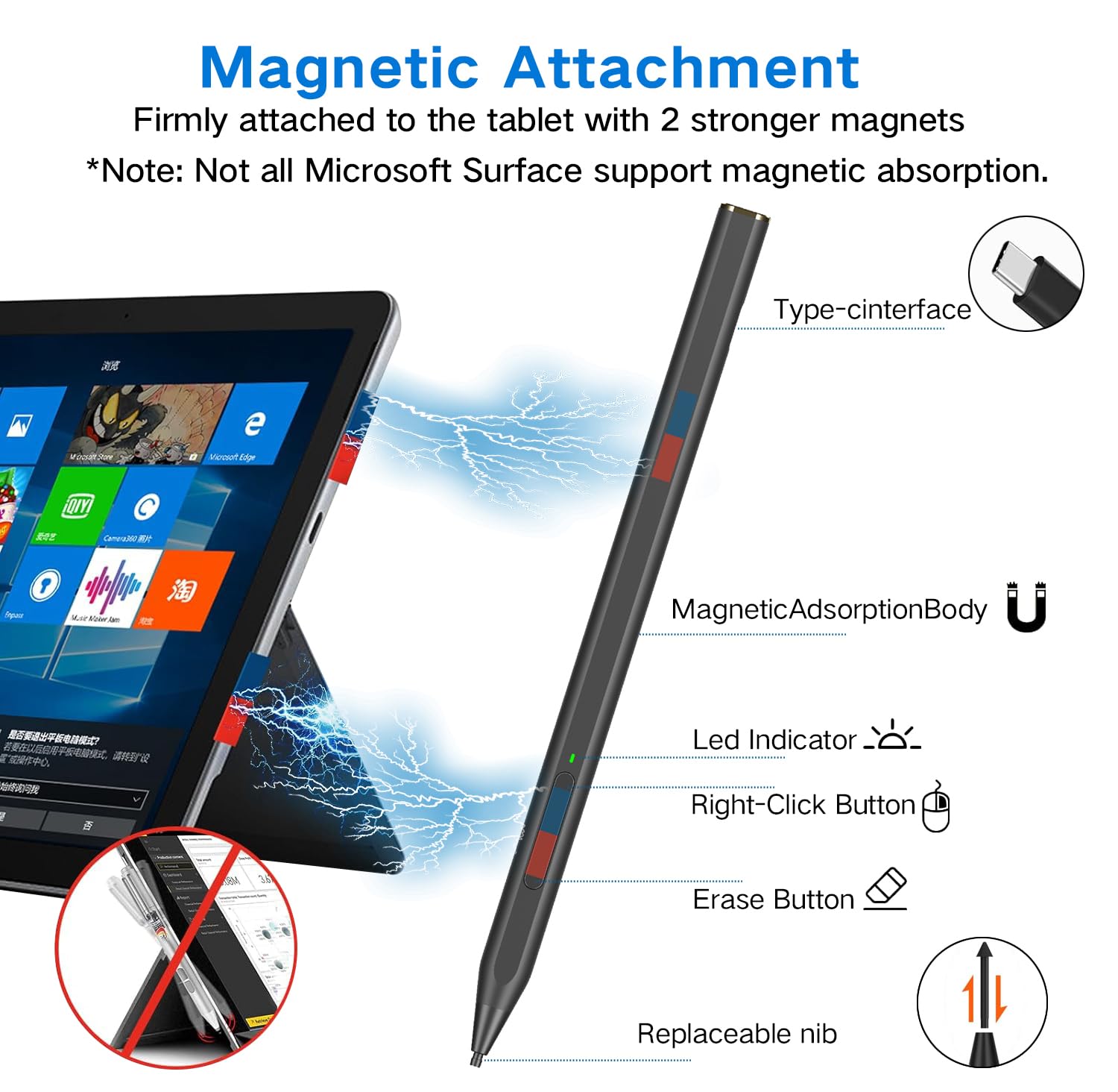 Stylus Pen for Microsoft Surface 4096 Pressure Sensitivity Eraser Side Button Compatible with Surface Pro 11/10/9/8/7/7+/6/5 nero
