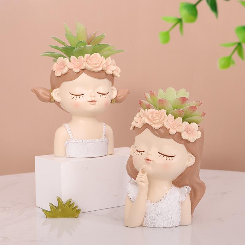 Cute Girl Flower Pot Succulent Pot Resin Planter Home Decoration Desktop Ornaments Garden Supplies Bonsai Plant Pot