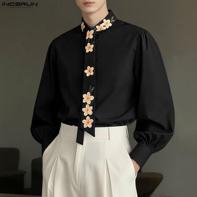Camisas Casuales para Hombre con Cuello Solapa, Manga Larga, Botones para Atar, Estampado Floral