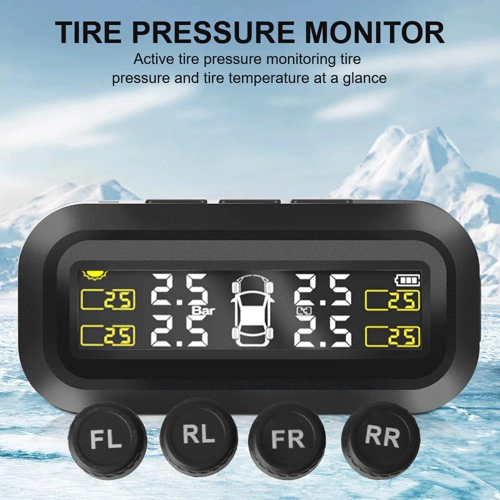Car Tyre Pressure Monitor Solar Tire Pressure Monitoring System Temperature Warning With 4 External Sensors Car Fuel Save Tools