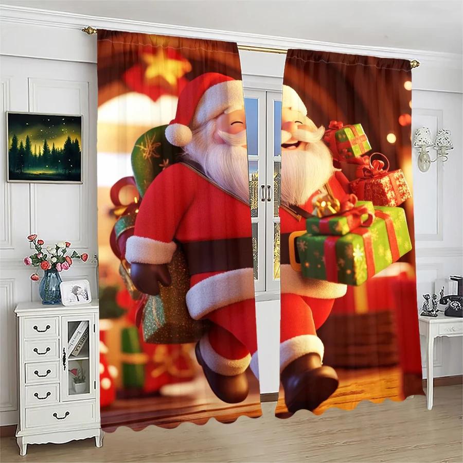 2PCS- Christmas Santa Claus Christmas tree pattern printed curtains   Christmas decorations   home decorations   room decorations