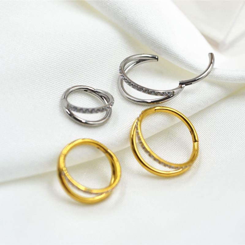 316L Steel Double Ring Micro-Paved Zircon Nose and Ear Stud for Cartilage and Conch Piercings