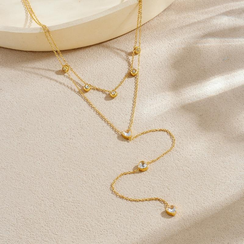 gold heart crystal layered y drop necklace for women
