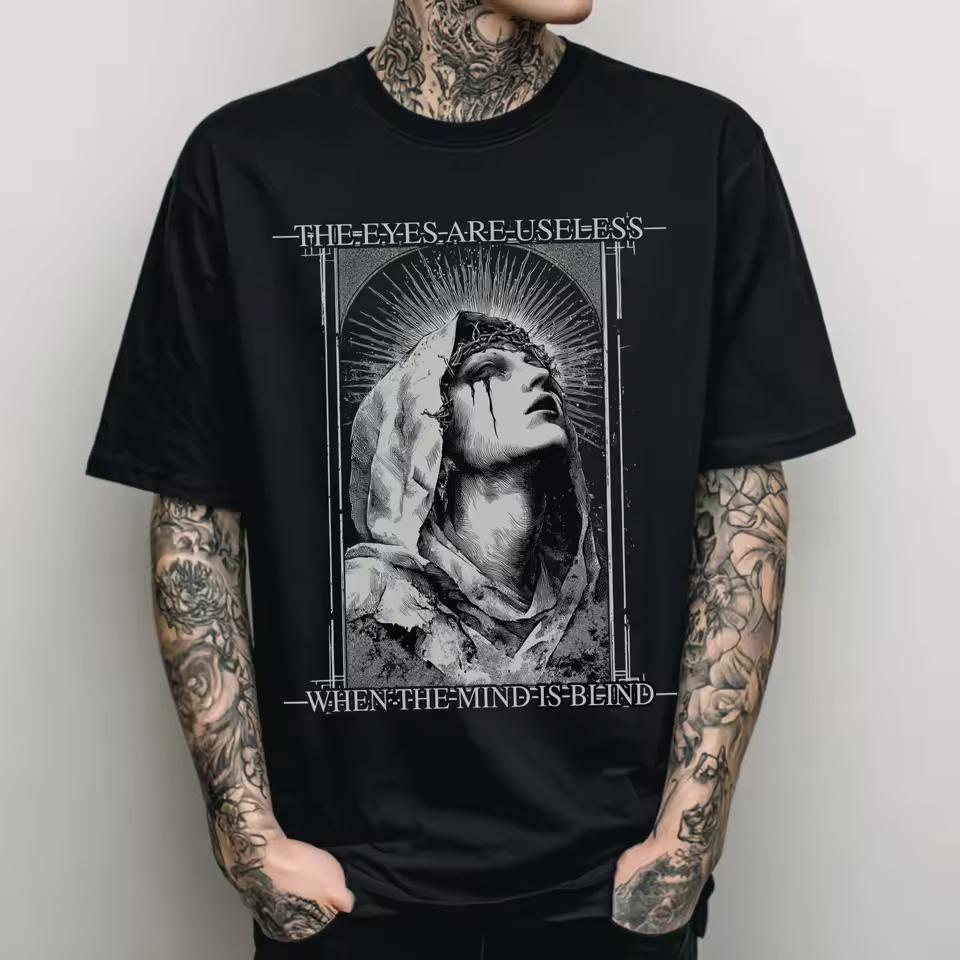 Gothic Graphic Print T-Shirt Punk Rock Grunge Graphic Tee Alternative Streetwear Clothing Alt Metal Shirt Goth Gift for Him