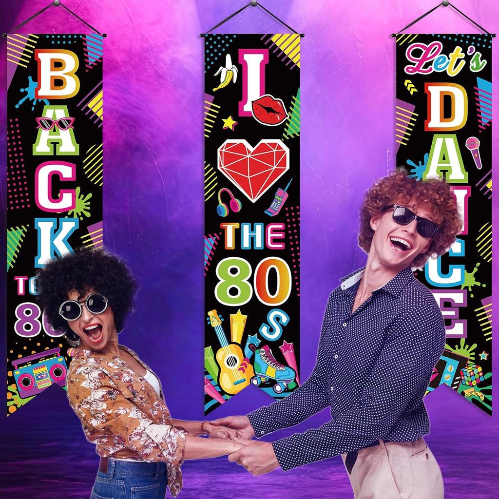 3 Pieces 80's Party Decorations Back To The 1980 Banners I Love 80s Porch Signs Hanging Backdrops for Home Bar Retro Theme Hip Hop Rock Disco