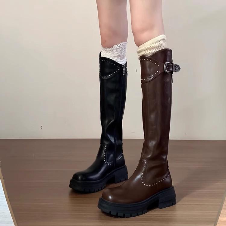 This Year's Popular Rivet Autumn and Winter Knee Boots Women's Tall Western Boots Thick Soles