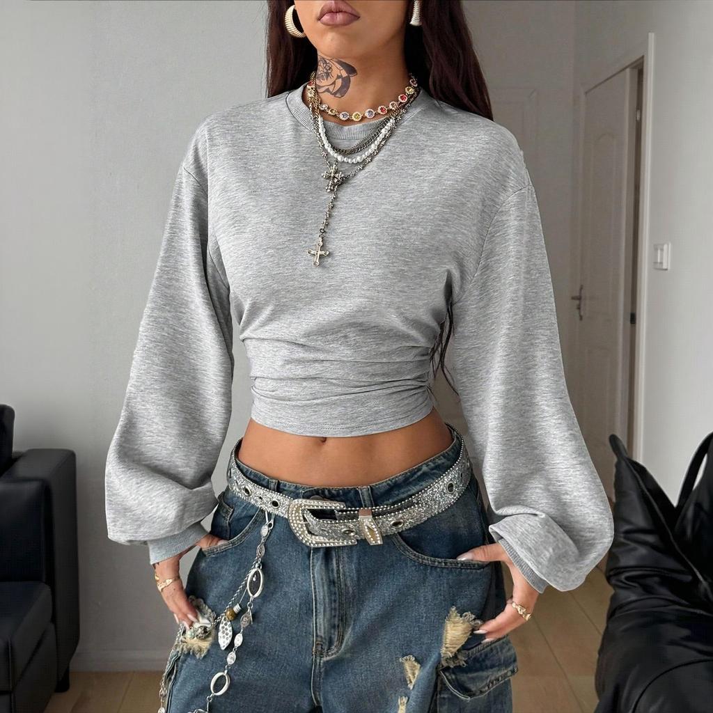 Women's Casual Long Sleeve Pleated Pullover Sweatshirt Color Top for Everyday Wear