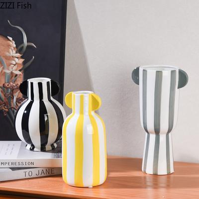 Minimalist White Stripes Ceramic Vase Hydroponics Flower Pots Desk Decoration Flower Arrangement Vases Room Aesthetic Decor