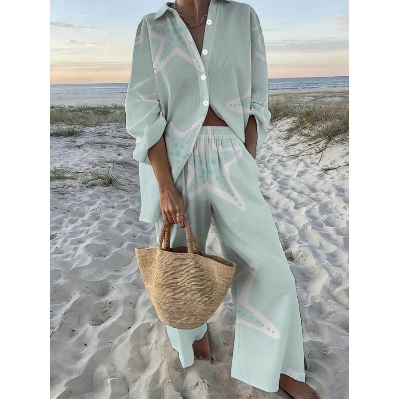 Light Blue and White Starfish Print Shirt Wide-leg Pants Suit Women's Fresh Ocean Style Long-sleeved Trousers Two-piece Set