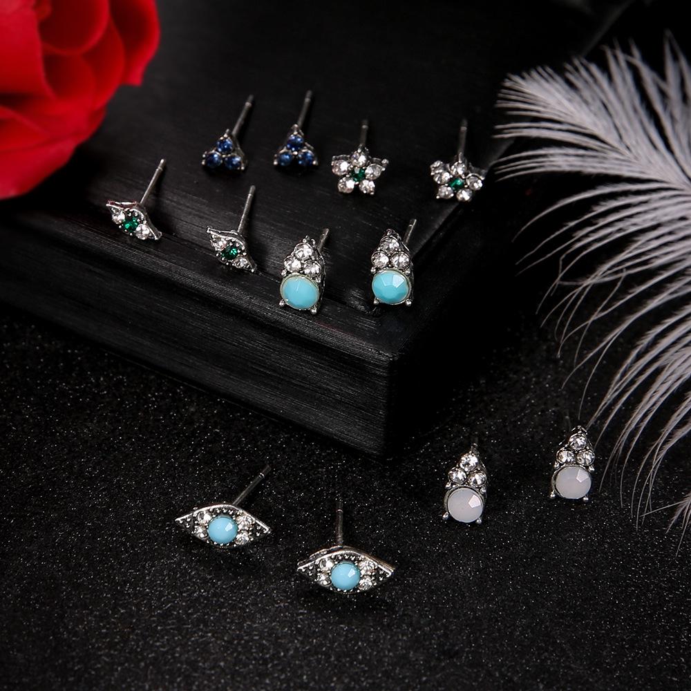 Stylish And Simple Diamond-Set Flower Devil'S Eye Stud Earrings Women'S 6-Piece Set
