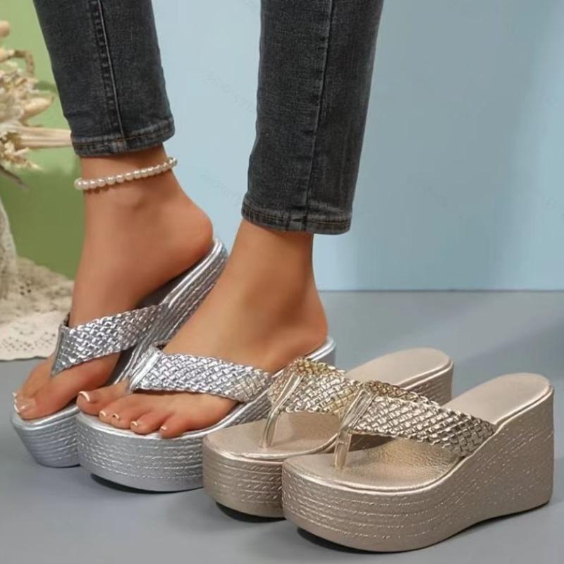 Clip Toe Gold Wedge Sandals for Women Braided Strap Platform Sandals Woman Summer Thick Sole Slippers Beach Flip Flops