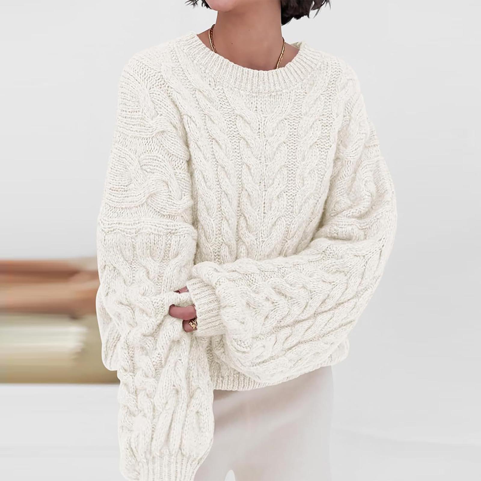

Женский однотонный свитер крупной вязки с косами, свободный пуловер с круглым вырезом и длинными рукавами XL белый