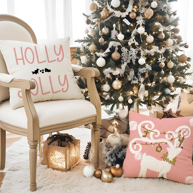 Neue Rosa Weihnachtsbaum Hirsch Weihnachts-Kissenhülle Leinen Bedruckte Kissenhülle Festliche Sofa-Dekoration Kissenbezug