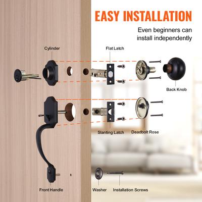 SucceBuy Juego de Manija y Cerrojo para Puerta Principal Juego de Cerradura para Puerta Principal con Pomo Interior Espaciado Ajustable entre Agujeros Manija de Cilindro Único