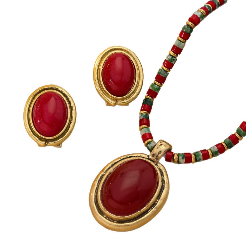 French Retro Colored Natural Stone Lock Chain With 925 Silver Needle Earrings Set Luxurious High-end
