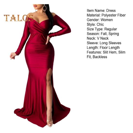 Lady Evening Dress V Neck Off Shoulder Side Slit Floor Length Long Sleeves Pleated Slim Fit Maxi Dress Ball Gown Banquet Party Dress
