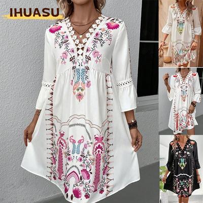 Fashion Summer Spring 3/4 Sleeves V-Neck Casual Dresses