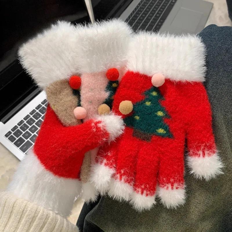 Snowflake Christmas Tree Gloves for Women in Winter with Exposed Fingers Touch Screen Fluffy Fur for Students To Ride Bicycles