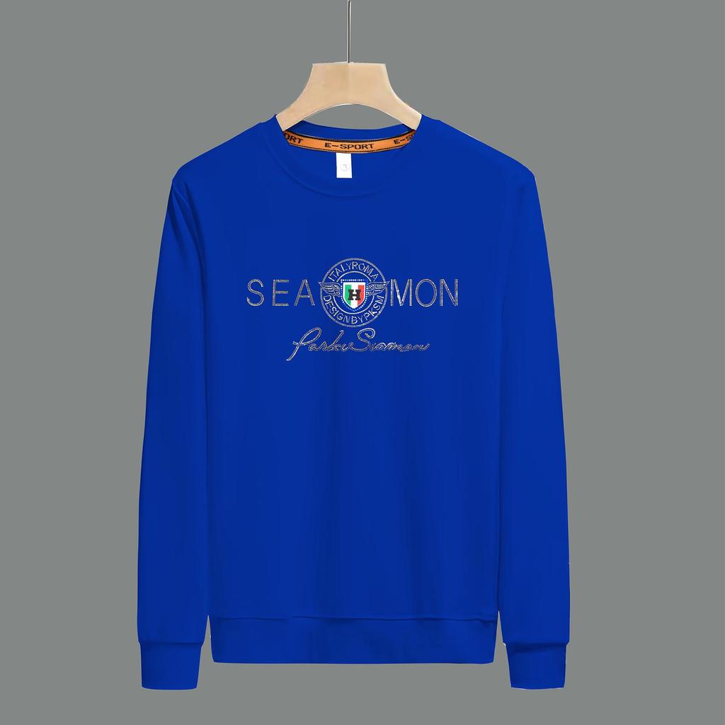 Stylish Rhinestone Men's Long Sleeve Round Neck Shirt - Comfortable, Versatile, Velvet-Thickened for Autumn and Winter.