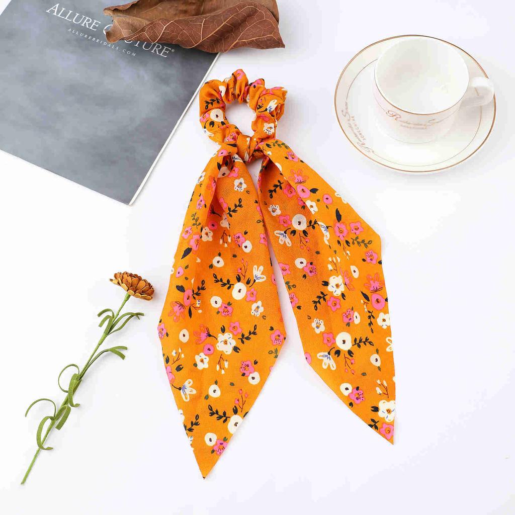 Fashion Print Chiffon Long Ribbon Scrunchies Women Girls Ponytail Scarf Elastic Hair Bands Ties Hair Accessories