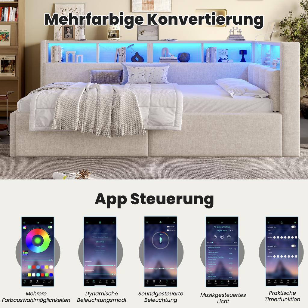 Tagesbett, Schlafsofa, 90 × 200 cm, USB + Typ-C Anschlüsse, Hydraulischer Stauraum, Staufächer, Mehrfarbige LED-Streifenbeleuchtung, Ohne Matratze, Leinen, Beige